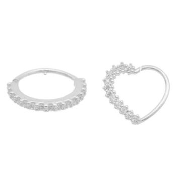 Imagem de Kit 2x Piercings Prata 925 - Argola e Coração Cravejados Zircônia - MP