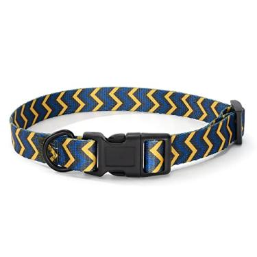 Imagem de Mile High Life | Padrão geométrico ondulado do oceano | Tecido de algodão poliéster macio | Coleira de cachorro com fivela preta com anel D | Doamos para resgate de cães (pescoço médio azul/amarelo
