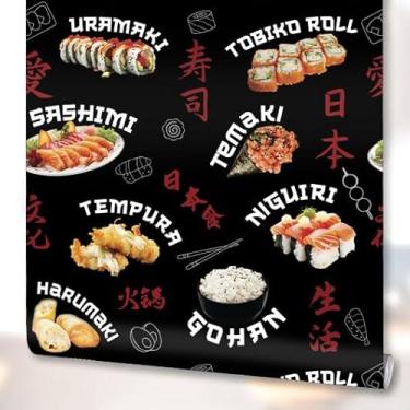 Imagem de Papel Adesivo Comida Oriental Japonesa Sushi Restaurante Lavável Decoração Fundo Preto 3m