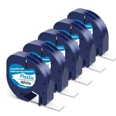 Imagem de 5 fitas plásticas para etiquetas compatíveis com refis DYMO Letratag, substituição para refil DYMO Label Maker, plástico branco, 1,27 cm x 33 cm, preto sobre branco, para DYMO Letra Tag LT 100H 100T