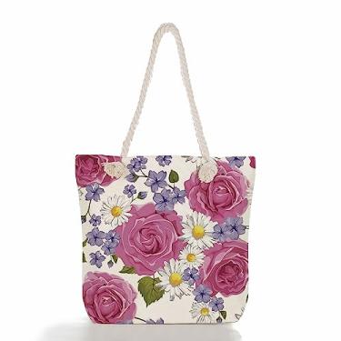 Imagem de Sacolas grandes com alça de corda com alças de corda presentes personalizados para mulheres, aniversário, viagem, praia, essencial, Linda rosa, Large, Sacolas