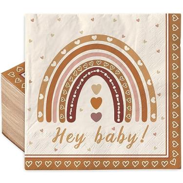 Imagem de AnyDesign Pacote com 80 guardanapos de papel boho arco-íris Hey Baby Party Guardanapos de almoço retrô descartáveis decorativos guardanapos de mão para chá de bebê, suprimentos de festa de