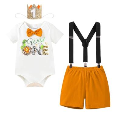 Imagem de WOLBAY First Birthday Outfit Boy Wild One Birthday Decorations Birthday Crown Hat Baby Bow Tie Romper Onesie Bib Overall (Brown, 9-12 Months)