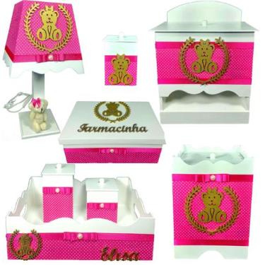 Imagem de Kit farmacinha Higiene bebê Mdf 8 pçs - ROSA PINK COM BOLINHAS DE URSI