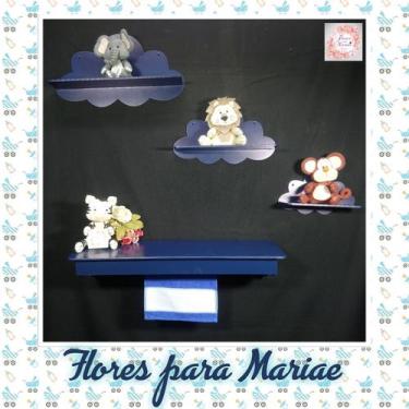 Imagem de Kit Nichos Nuvem + Prateleira com Varão MDF - Azul Marinho - Flores pa