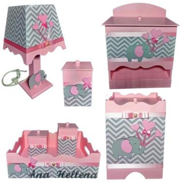 Imagem de Kit Higiene bebê Mdf menina 7 pçs - ROSA BB CHEVRON CINZA DE ELEFANTE 
