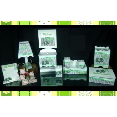 Imagem de Kit Higiene bebê Mdf 10 peças -  CHEVRON CINZA DE ELEFANTE VERDE - Flo