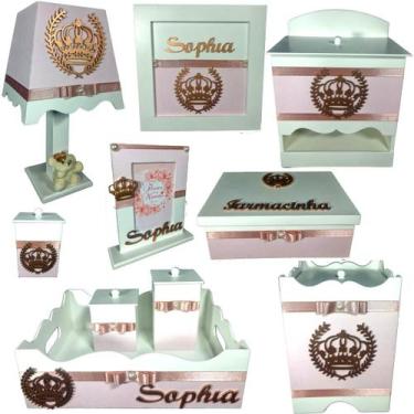 Imagem de Kit Higiene bebê Mdf 10 peças menina - ROSÊ DE COROA - Flores para Mar
