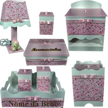 Imagem de Kit farmacinha de bebê Mdf menina - Jardim Branco Florido Pérolas tamp