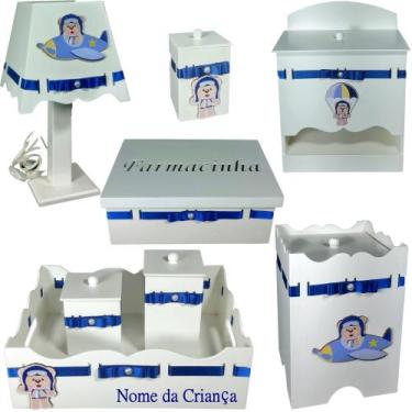 Imagem de Kit de Higiene bebê mdf menino - urso aviador branco e azul marinho - 