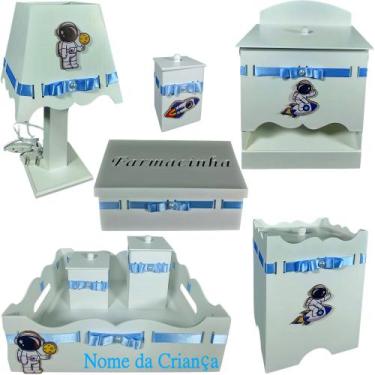 Imagem de Kit de Higiene bebê mdf menina feminino - ASTRONAUTA  BRANCO AZUL BB -