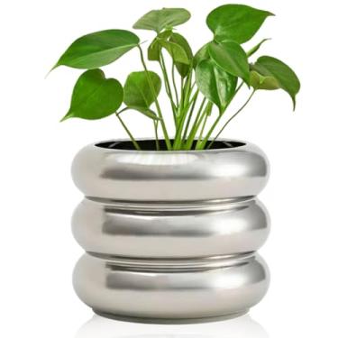 Imagem de Vaso moderno de cerâmica prata de 16,5 cm para plantas de interior com orifícios de drenagem, vasos pequenos de cerâmica, vaso de flores com bolhas para decoração de casa e escritório