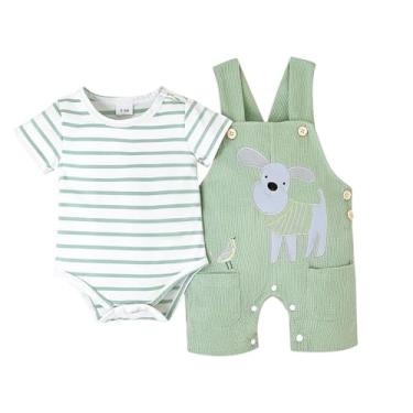 Imagem de CETEPY Roupas infantis de verão para bebês meninos macacão listrado manga curta conjunto de calças de cachorro fofo desenho animado 2 peças 0-18 meses, Verde, 9-12 meses