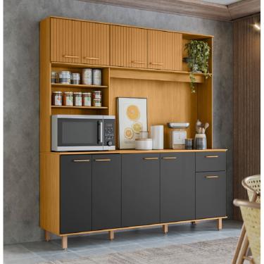 Imagem de Cozinha Compacta Núria 180m 9 Portas 1 Gaveta - Freijó Ripado/Grafite Acetinado Poliman