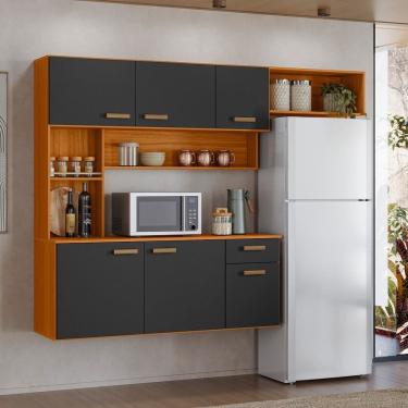 Imagem de Cozinha Compacta Suspensa Manu 6 Portas 1 Gaveta e Nichos Freijó UV/Grafite Acetinado Poliman