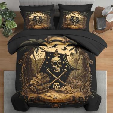 Imagem de Pamnest Jogo de edredom Queen, esqueleto de pirata, caveira de pirata, 7 peças, vintage, gótico, para crianças e adultos, com lençol com elástico, 2 fronhas e 2 fronhas para decoração de quarto