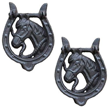 Imagem de Decoração de parede Deluxe Renovator's Supply Black Heavy Duty Cavalo Porta Knockers Ferradura Maçaneta de portão frontal Bonita maçaneta de porta de cabeça de cavalo com anel de batida para jardim ao