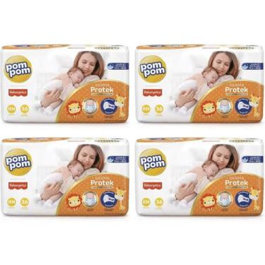 Imagem de KIT 4 Fraldas Pom Pom Derma Protek Mega Tamanho RN C/ 36 Unidades