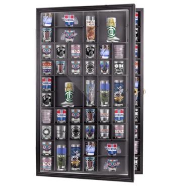 Imagem de Estojo de vidro gigante removível, 78 x 48 cm, 70 compartimentos, prateleiras removíveis, adequado para vários tamanhos de copos de shot, suporte de parede, trava dourada, com porta de vidro acrílico