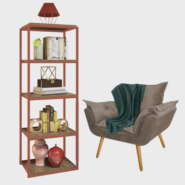 Imagem de Kit Poltrona Fatte com Manta Soft Verde e Estante Livreiro Ferro Bronze mdf Rústico Sue...