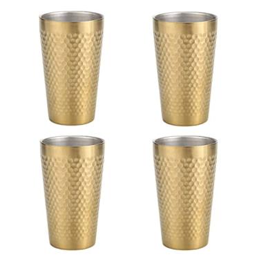 Imagem de UPTALY 4 copos de aço inoxidável (450ml / por, cor dourada), copo com padrão de martelo de diamante, canecas de chá gelado leves, caneca de cerveja de parede dupla, copo de café de metal reutilizável, para acampamento, ao ar livre, festa
