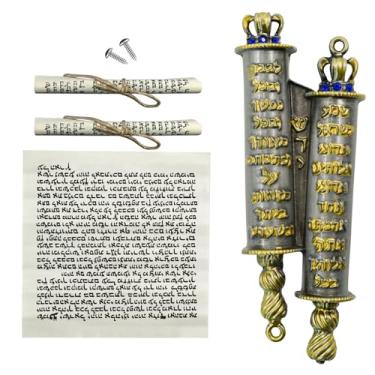 Imagem de MrMrKura Mezuzá para porta, estojo de mezuzá de metal com 2 pergaminhos para presentes judaicos, decoração de aquecimento de casa judaica, Natal, Páscoa (ouro)