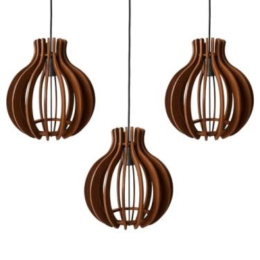 Imagem de Kit 3 Lustre Pendente Luminaria Rustica Sala Cozinha Madeira
