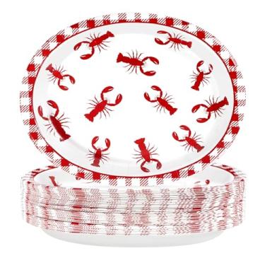 Imagem de Grencian 50 peças de pratos ovais de papel lagostins 25,4 cm x 30,5 cm descartáveis padrão de grade vermelha pratos de festa lagosta lagosta churrasco reunião piquenique churrasco decoração de