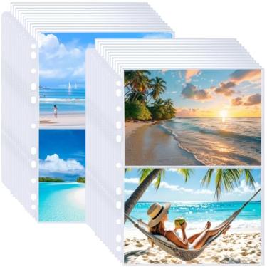 Imagem de Pacote com 100 capas para fotos, comporta 400 fotos de 12,7 x 17,8 cm, protetor de página de fotos transparente para fichário de 3 anéis, páginas de refil de álbum de fotos frente e verso, bolsos para