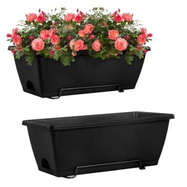 Imagem de HAITRAL Plantadores suspensos para plantas ao ar livre, grades de convés, caixas de janela estilo campo, vasos de flores de varanda, trilhos de plástico com suportes de metal para cerca, preto, 2