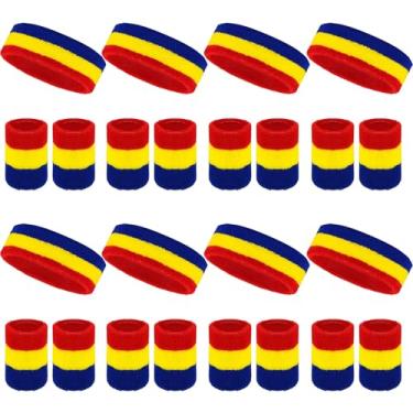 Imagem de O conjunto de 24 faixas de suor neon inclui 8 faixas esportivas e 16 pulseiras de algodão neon dos anos 80 para academia, tênis, basquete, corrida, exercícios (vermelho, amarelo, azul)