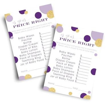 Imagem de Jogo de chá de bebê roxo e dourado Adivinhe o preço pacote com 25 cartões de atividade de adivinhação de gênero revelação de princesa ou príncipe sereia tema evento suprimentos abstrato pontos (4 x 6 tamanhos) papel festa inteligente