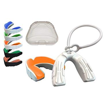 Imagem de Coollo Sports Boil and Bite Mouth Guard with Tether DBT Custom Fit Sport Mouthpiece for Football, Hockey, Rugby, Lacrosse (Free Storage Case+ Strap) – Tamanho adulto, Orange & White, Adult -Ages 11 & Above