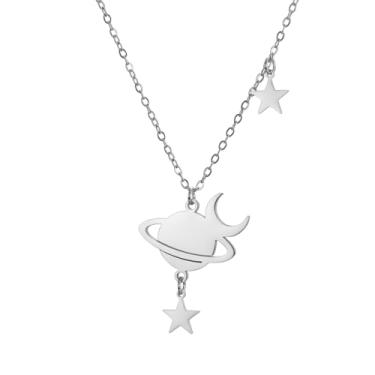 Imagem de VASSAGO Colar Saturno para mulheres e homens, planeta, colar de aço inoxidável, lua e estrela, presente de aniversário e aniversário, One Size, Aço inoxidável, Sem Pedra Preciosa