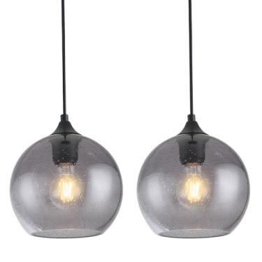 Imagem de GLAMIGHT Luminárias Pendentes De Vidro Cinza Glamight, Iluminação Para Ilha Cozinha, Globo Modernas Quarto, Sala Estar E Jantar - 9,8 Pol., Pacote Com 2