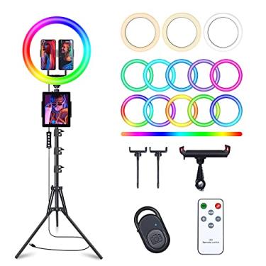 Imagem de Anel de luz de selfie de 33 cm com suporte de tripé de 193 cm e 3 suportes de telefone, luz de LED para câmera com 48 modos de cores RGB e modo de ritmo musical e 12 brilhos reguláveis para maquiagem