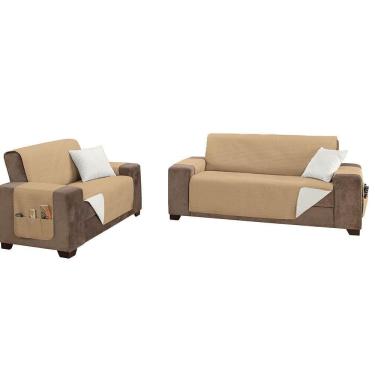 Imagem de Protetor De Sofá Impermeável Dupla Face 2 E 3 Lugares King Microfibra - Cáqui/palha