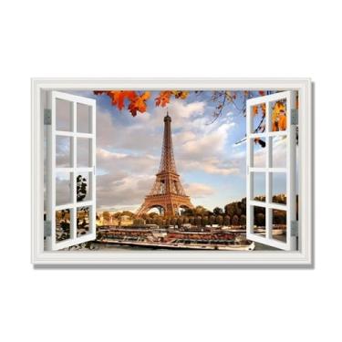 Imagem de Janela de arte de parede com impressão em tela. Vista de janela falsa. Impressão de imagem natural em tela. Arte de cenário para decoração de sala de estar. (Vista da Torre Eiffel de Paris 13). 80 x