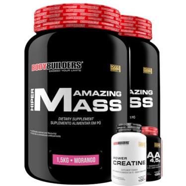 Imagem de Kit 2x Hipercalórico Amazing Mass 1,5kg + BCAA 4,5g Tangerina 100g + Power Creatina 100g - Bodybuilders (Médio, Morango)