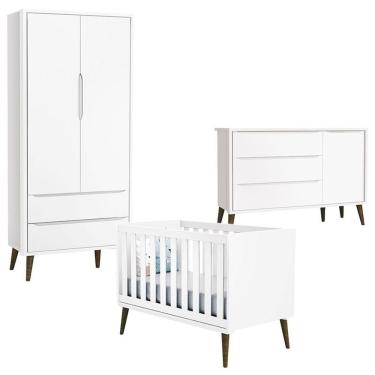 Imagem de Quarto De Bebê Theo 2 Portas Com Cômoda Com Porta Branco Acetinado Com Pés Amadeirado - Reller