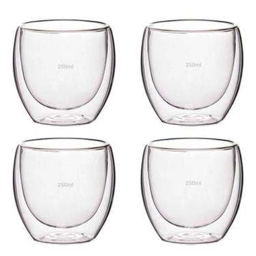 Imagem de Kit 4 Copos de Vidro Parede Dupla Isolante Térmico 250 ml - Pratika