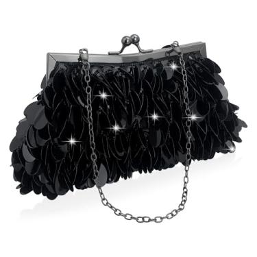Imagem de KOLODOGO Bolsa clutch feminina brilhante para noite, elegante, com lantejoulas, casamento, formatura, coquetel, Preto, Black