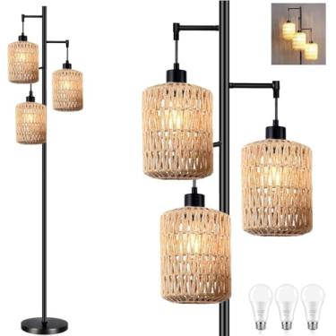 Imagem de QIYIZM Candeeiro de chão para sala de estar, quarto, 3 luzes de piso de árvore de vime boho boho, lâmpada de pé de casa de fazenda preta industrial lâmpada alta de vime rústico, abajur de bambu