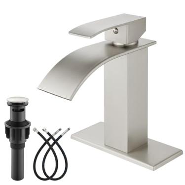 Imagem de gotonovo Torneira de banheiro cascata torneiras de banheiro de alça única para pia 1 furo aço inoxidável moderna torneira misturadora torneira de lavatório com ralo pop-up, níquel escovado