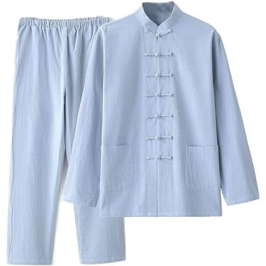 Imagem de Terno Tang Masculino Roupas Tradicionais Respirável Confortável Terno De Artes Marciais Kung Fu Uniforme Algodão Linho Tai Chi Roupas Calças De Manga Comprida, Blue, （XL-XXL）