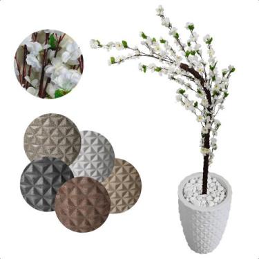 Imagem de Cerejeira Artificial Branca Galho Curvo Vaso Decoração - Flor de Menti