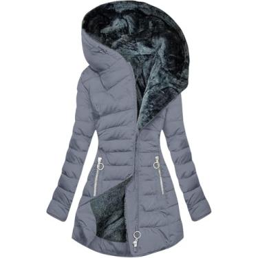 Imagem de Casacos Femininos Forrado De Lã Jaqueta Grossa Térmica Casaco Feminino Com Capuz Zíper Jaqueta Acolchoada Casaco Acolchoado Jaquetas De Inverno Femininas Casaco Acolchoado Gro, Grey, M