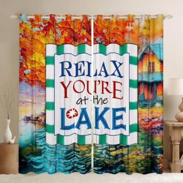 Imagem de Cortina rústica para janela de porta de madeira, cortinas de casa de lago, decoração de quarto de crianças, meninas, meninos, adolescentes, aquarela, outono, vista para o lago, cortina de tratamento