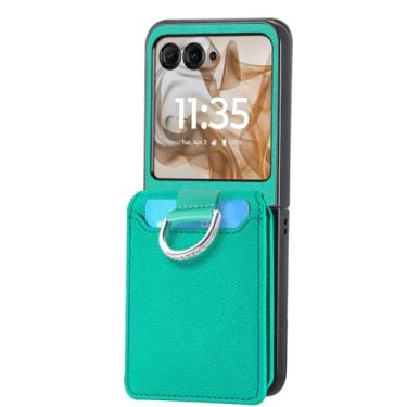 Imagem de POYUFRG Capa fina para Motorola Razr 60 Ultra/60 Pro/60, capa de couro carteira padrão lichia com suporte para cartão e anel de metal, capa de telefone, verde, 60 Pro