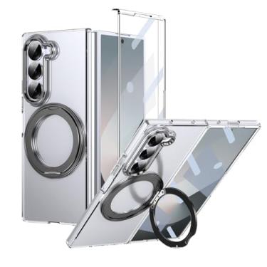 Imagem de YQODSZ Capa para Samsung Galaxy Z Fold 6 com suporte de anel giratório, capa magnética Z Fold6 com protetor de tela, carregamento sem fio, protetor de câmera, capa de policarbonato transparente para Z